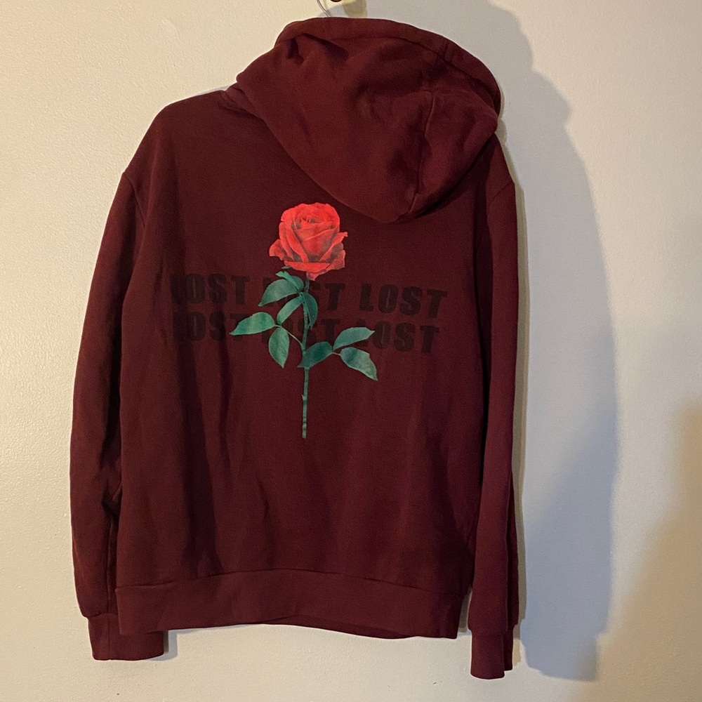 Forever 21 Burgundy Zip-Up Hoodie with Red Rose Graphic
